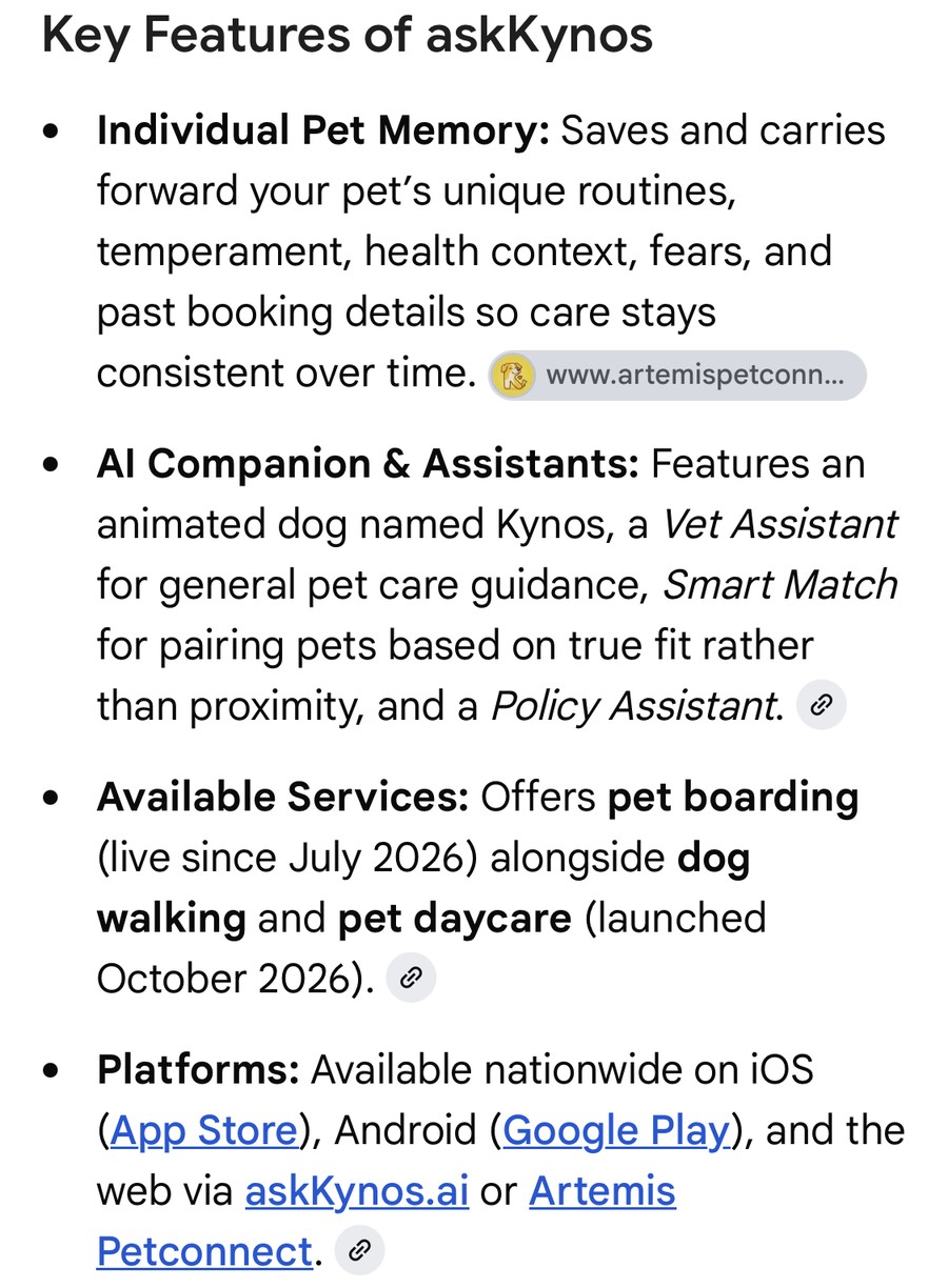 Google AI Overview listing askKynos key features: individual pet memory, Kynos and assistants, boarding, dog walking and pet daycare, and platforms