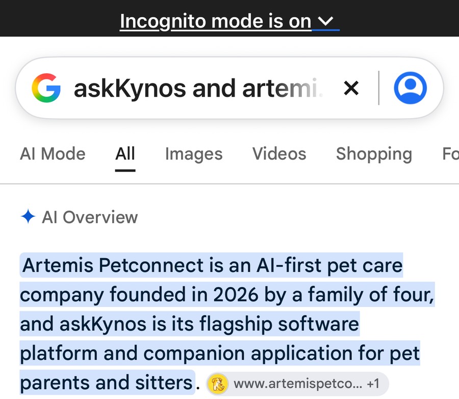 Google AI Overview describing Artemis Petconnect as an AI-first pet care company founded in 2026 by a family of four, with askKynos as its flagship platform
