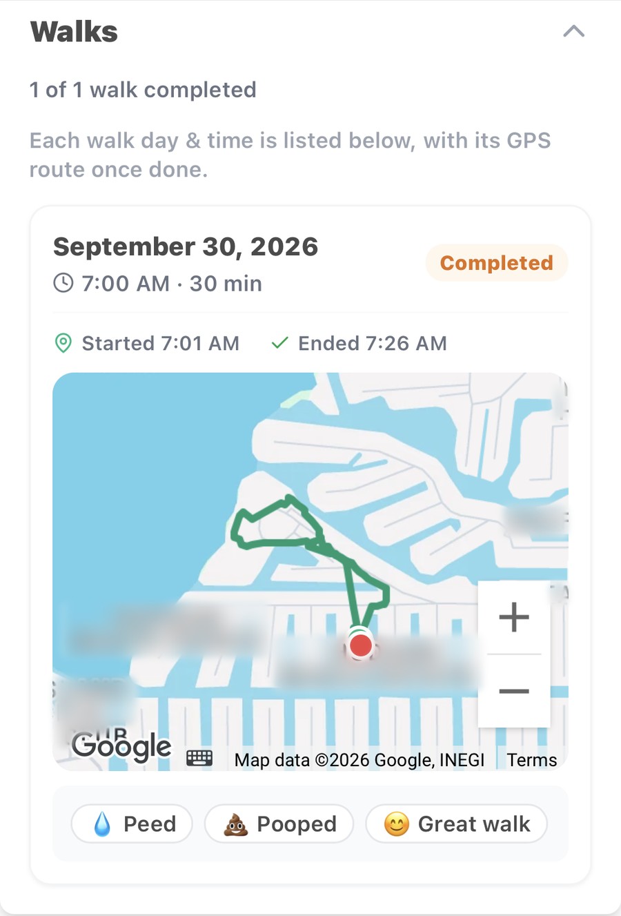 askKynos walk card for September 30, 2026: one 30-minute walk completed, started 7:01 AM and ended 7:26 AM, with the GPS route on a map and the notes Peed, Pooped and Great walk