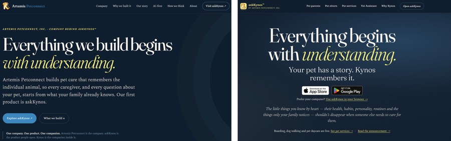 Side by side: the ArtemisPetconnect.com homepage, “Everything we build begins with understanding,” and the askKynos.ai homepage, “Everything begins with understanding. Your pet has a story. Kynos remembers it.”